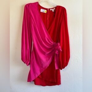 NWT Dress Day Red and Pink Satin V Neck Bishop Sleeve Wrap Dress Sz S